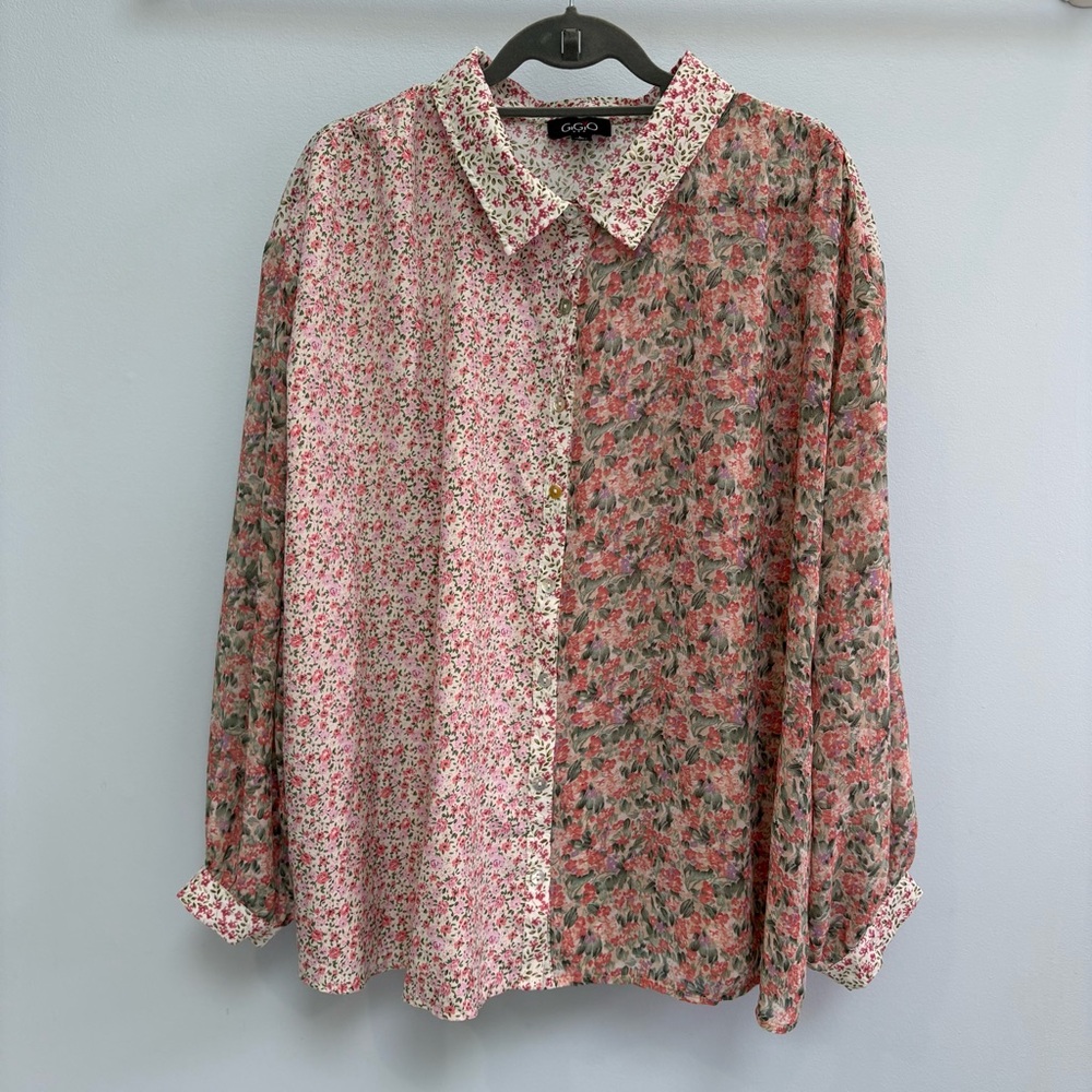 GioGio USA Women’s Blouse Size Large Pink Green Floral Mix Media Boho Country